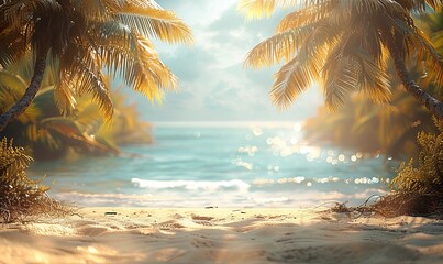 Wall Mural - This enchanting scenery features a sunset over a tropical beach with glistening waves and palm trees, creating a serene and golden light atmosphere, perfect for a relaxing evening.