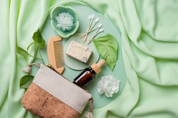 Purse with eco friendly bathroom hygiene cosmetics on green background.