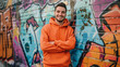 © Bikash - A cheerful man in an orange hoodie with a bright smile, posing confidently in front of a graffiti wall