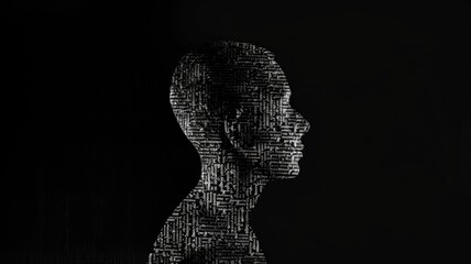 Wall Mural - Profile silhouette of a person composed of computer code on a black background. Digital art portrait of human making from digital coding system. Technology and artificial intelligence concept. AIG53F.
