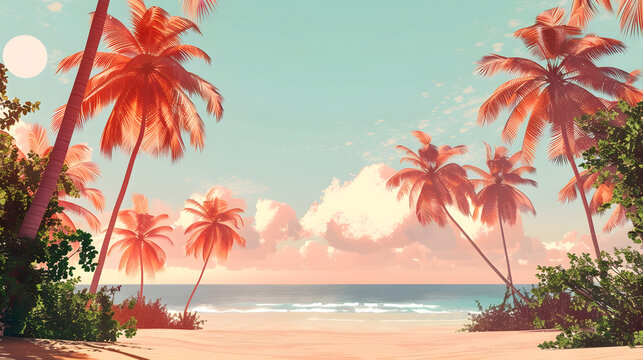 Tranquil tropical beach landscape with palm trees and serene ocean. Ideal for summer vacation themes and travel promotions, includes ample copy space.