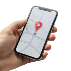 hand holding a smartphone displaying a map with a red location pin. concept of navigation, direction