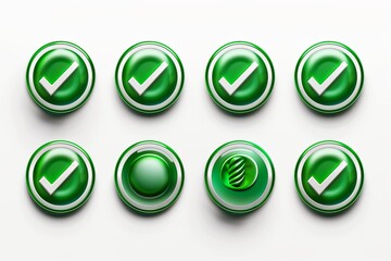 Eight green, glossy checkmark buttons with white borders arranged in three rows on a white background. Generative AI