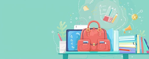 A red bag with a laptop and a book on it. The bag is on a table with a green background. Free copy space for text. Illustration