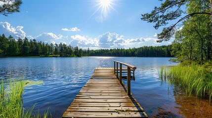 Wall Mural - A peaceful scene featuring a wooden pier extending into a calm lake, with bright skies and trees embracing the tranquil water.