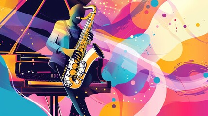 A vivid illustration of a saxophonist creating music, surrounded by colorful abstract waves, embodying an artistic and lively musical scene.