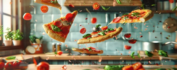 Wall Mural - A pizza is flying through the air with three slices of it. The pizza is surrounded by various vegetables, including tomatoes, peppers, and basil. The scene is lively and fun.