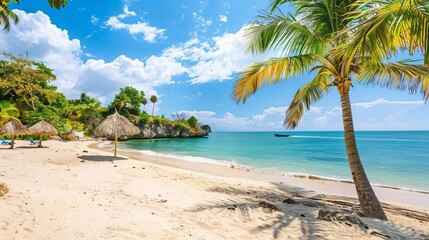 Wall Mural - An idyllic tropical beach scene featuring white sand, swaying palm trees, and crystal-clear blue water, set under a lively and bright sky, evoking relaxation and paradise.