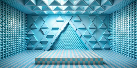Wall Mural - Abstract Geometric Room with Blue Tiles and Triangles, Modern Architecture Interior