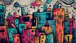 © pixeness - Colorful Abstract Urban Style city Graffiti Street Art, vibrant graffiti doodle artistic pop art illustration Background