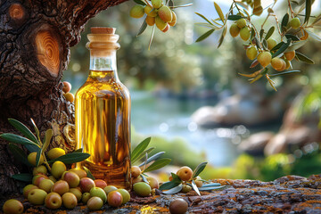 Bottle of olive oil with olives around it, placed on textured cloth, against background of olive trees