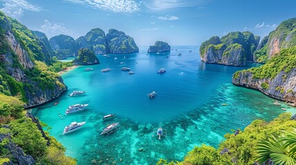 Poster - A breathtaking scenic view of a tropical island bay with crystal clear turquoise waters, surrounded by boats and limestone formations under a bright sunny sky.