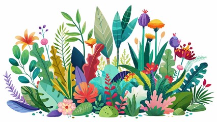 isolated, Whimsical watercolor scene of lush and vibrant collection of plants and flowers isolated on clean white background, showcasing mix of colors and textures.