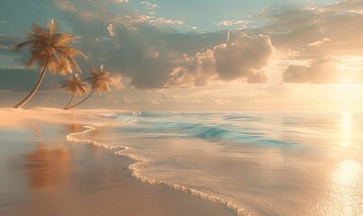 Canvas Print - The image displays two palm trees on a tropical beach with calm waves and a beautiful sunset, highlighting the tranquil and scenic nature of the landscape.