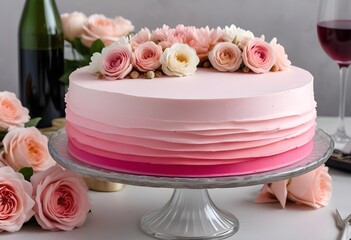 A pink ombre frosted cake with fresh flowers on top, placed on a table with a glass of wine and other decorative elements, roses, flowers, champagne, wine, candles, gold forks