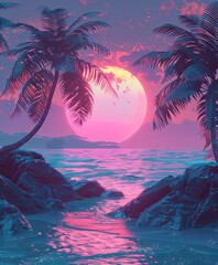 Canvas Print - The image features a beautiful beach at twilight with a magnificent pink sun setting behind palm trees, casting an enchanting glow over a turquoise ocean, perfect for tropical escapes.