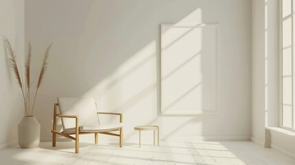 Canvas Print - A minimalist interior features a bright room with a modern chair, small table, vase with pampas grass, and sunlight creating beams and shadows.