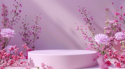 Poster - A minimalistic pink podium is surrounded by blooming flowers, creating an elegant and serene setting perfect for beauty and nature-themed presentations.