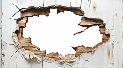  Hole breaking through wooden wall, cut out 