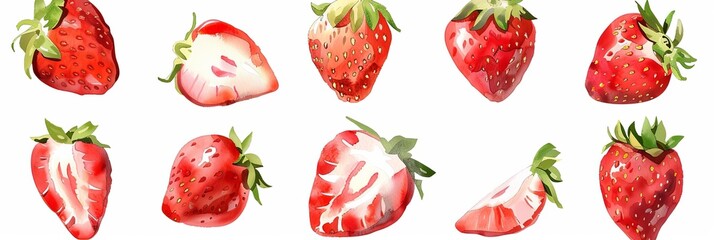 Aufkleber - An illustration of ten red strawberries, some whole and some sliced, with green leaves, rendered in a watercolor style. Generative AI