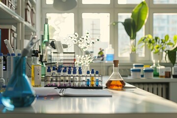 Poster - A close-up view of a laboratory table with test tubes, a beaker, and other scientific equipment. Generative AI
