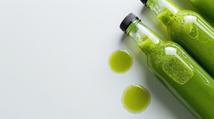 Wall Mural - Fresh green juice bottles close up on white background with space for text