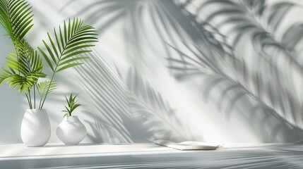 Wall Mural - A serene, minimalistic indoor scene features small potted plants casting intricate shadows on a white wall, bathed in soothing natural light, creating a calming and artistic atmosphere.