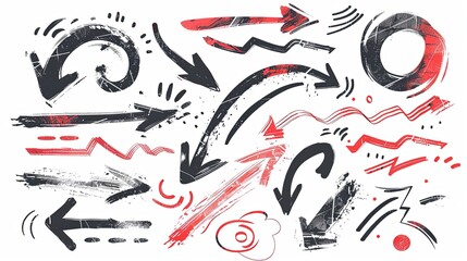 Poster - A collection of hand-drawn black and red arrows and shapes on a white background. Generative AI