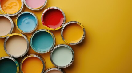 Paint cans arranged on yellow surface from above empty space isolated