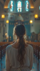 Wall Mural - rear view of a female Catholic churchgoer