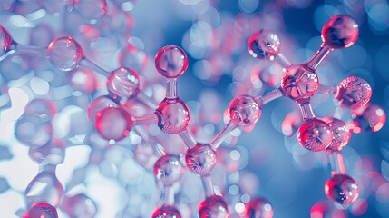 Aufkleber - A close-up photograph of a molecular model, illuminated with pink and blue lighting, creating a vibrant and abstract image. Generative AI