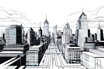 City line art. City graphic black white cityscape skyline sketch illustration vector.  Urban landscape in monochrome line art style. Cityscape line art illustration.