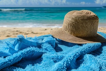 Sticker - A picturesque beach scene featuring a straw hat and blue towel, with the serene ocean and sandy shore in the background, perfect for a summer getaway.