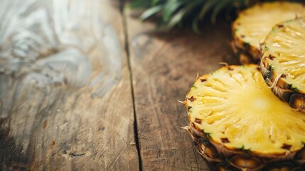 Wall Mural - Pineapple slices on wooden surface with copy space Ananas fruit Healthy concept Soft focus