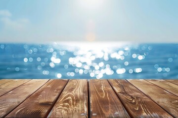 An inviting view of the sparkling blue sea seen from a wooden deck under the bright sun, creating a serene and relaxing atmosphere.