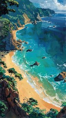 Wall Mural - This stunning image captures a coastal scene with lush green cliffs, a serene sandy beach, and azure blue waters, evoking a sense of tranquility and natural beauty.