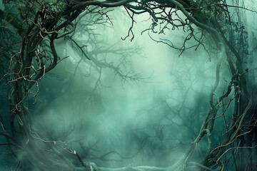 Wall Mural - A frame with an enchanted forest theme, featuring mystical fog and intertwined branches