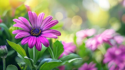 Wall Mural - Purple daisy in garden under soft sunlight