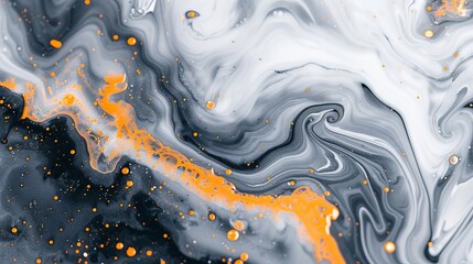 Sticker - An abstract piece featuring a vibrant palette of black, white, and orange, creating dynamic and swirling patterns in a visually striking composition.