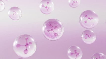 Wall Mural - Cosmetics 3D animation of several atoms floating in the water. Molecule within a liquid bubble, cosmetic essence, and water background.