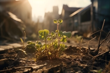 Wall Mural - A small plant is growing in a dirt field. The plant is surrounded by a lot of dirt and rocks. The image has a somewhat desolate and lonely feeling to it