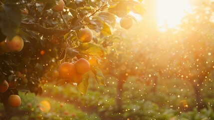 Leinwandbilder - Apples hang from a branch, glowing in the golden light of a setting sun. Generative AI