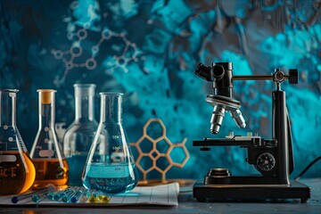 Poster - A microscope and glass beakers filled with liquids sit on a desk in a laboratory. Generative AI