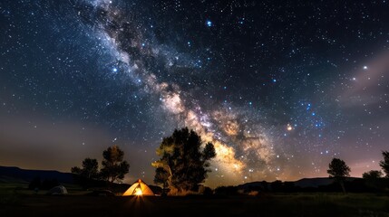 Poster - A small tent is set up in a field with a campfire. The sky is filled with stars and the Milky Way