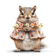 Wall Mural - A cute little squirrel is wearing a flowery jacket and holding a bouquet of flowers in its paws. Concept of warmth and innocence, as the squirrel is dressed up and posing for the camera