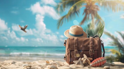 Canvas Print - This image portrays a beautiful beach scene with a backpack, sunhat, seashells, and palm leaves, creating an ideal vacation mood under a clear blue sky, with an airplane in the background.