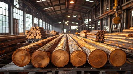 Close-up view of a stack of freshly cut timber logs with visible annual rings at a sawmill. Blurred background showing more wood and interior structure.