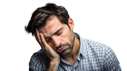 tired man feeling sleepy in office attire with transparent background