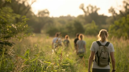 Aufkleber - A group of people are walking through a field of tall grass. The sun is shining brightly, casting a warm glow over the scene. The people are carrying backpacks