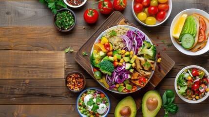 A variety of colorful vegetables and fruits are displayed on a wooden table. The table is covered with bowls and plates filled with different types of food, including broccoli, tomatoes, avocados